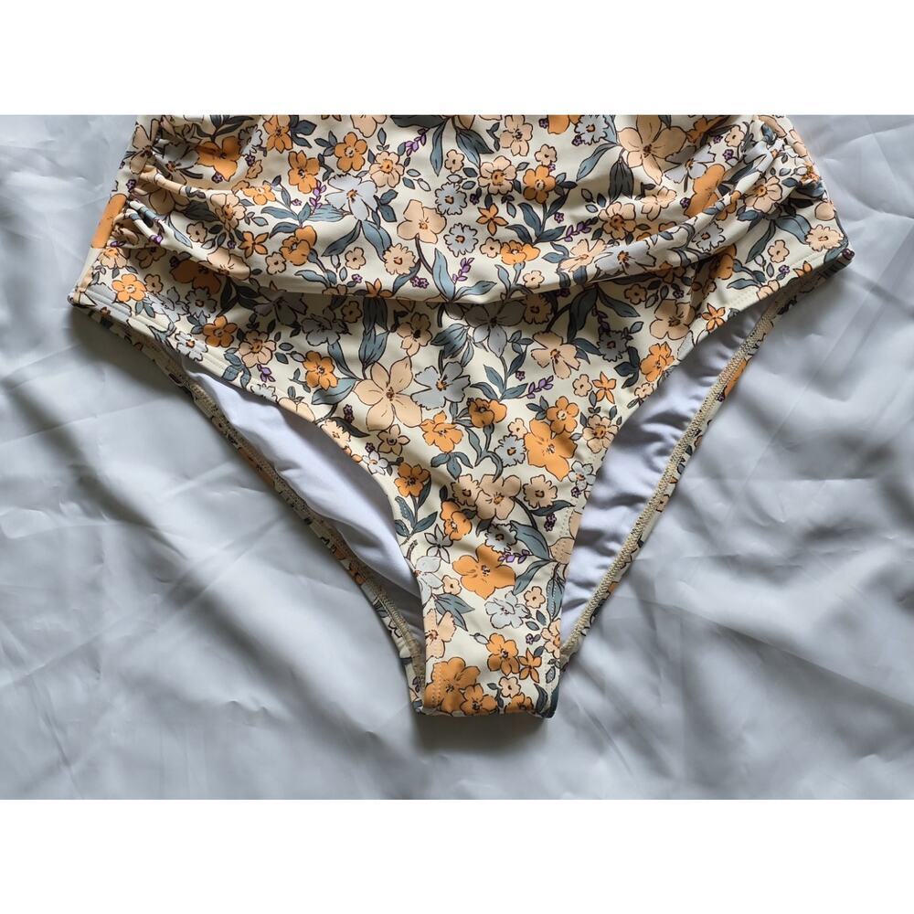 NWT Cupshe Floral Cut Out One Piece Swimsuit Ruched Monokini Yellow Gray Large - Picture 4 of 4